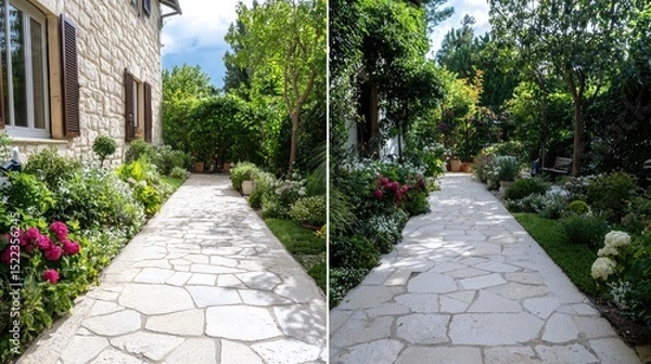 Fototapeta Serene Garden Pathway Surrounded by Colorful Blooms and Greenery