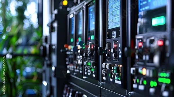 Fototapeta Control Room Display with Electronic Equipment and Monitoring Systems