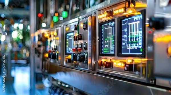 Fototapeta Industrial Control Panel with LED Lights and Monitors in Factory Setting