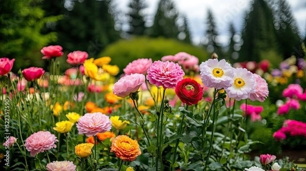 Fototapeta Colorful Garden Landscape with Vibrant Flowers in Blooming Spring