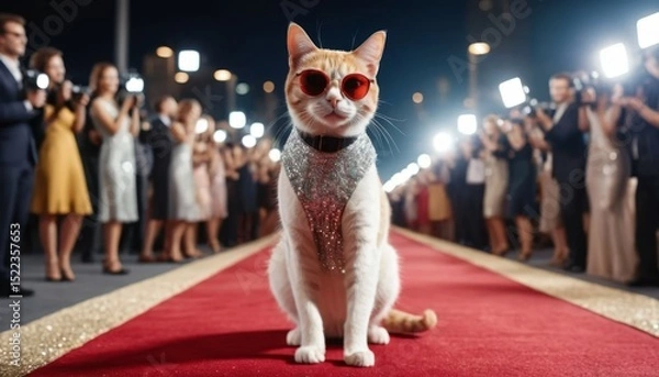 Obraz Stylish Cat on Red Carpet Celebrity Feline in Sunglasses Paparazzi Flashing