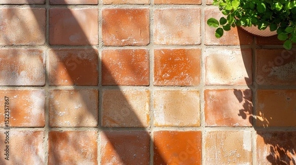 Fototapeta Rustic Terracotta Tiles with Shadow and Green Plant Decoration