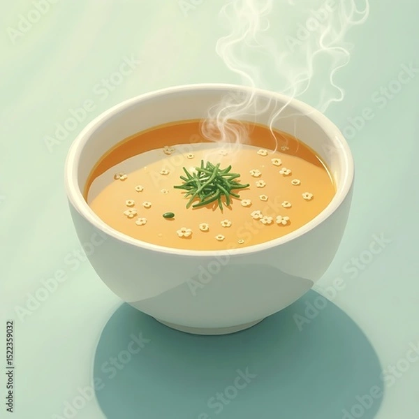 Fototapeta Serving Hot Soup in White Bowl with Herb Garnish and Small Pasta