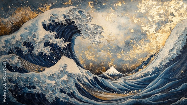 Fototapeta Dramatic ocean wave art with mount fuji background golden texture impressive blue.