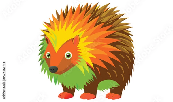 Fototapeta Photo of a vibrant, stylized hedgehog, boasting a fiery orange and lime green coat, stands isolated on white background