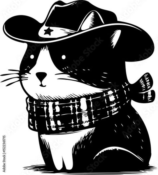 Fototapeta SVG file portrait cat in a hat and scarf black and white vector, file for printing, cutting