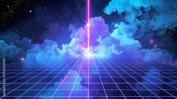 Obraz Synthwave, vaporwave, retrowave, cyber background with copy space, laser grid, starry sky, blue and purple lights with smoke and particles. Perfect design for poster, cover, wallpaper, web, banner and