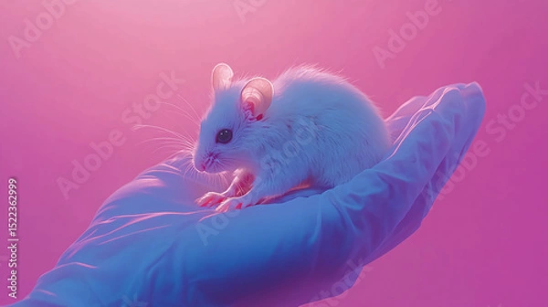 Fototapeta White lab mouse on hand research science experiment animal testing laboratory rodent pink and blue light