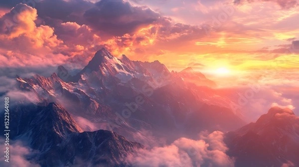 Fototapeta A majestic mountain range with snow capped peaks at a vibrant sunset