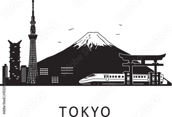 Fototapeta Dynamic Tokyo City Skyline Silhouette Vector with Skytree, Mount Fuji and Shinkansen