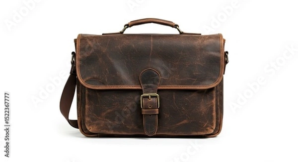 Fototapeta Close Up of Brown Leather Briefcase with Handle and Buckle Isolated on White Background