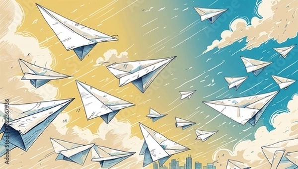 Obraz Paper planes flying over cityscape illustration