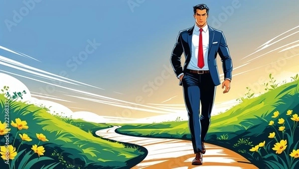 Obraz Cartoon businessman walking on path