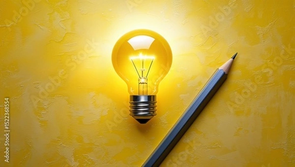 Obraz Creative idea: light bulb and pencil on yellow background