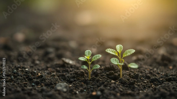 Obraz New seedling growing in dark soil with space for text for Earth Day or nature background. Copy space image. Space to add your text or design.