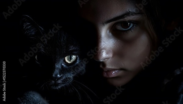 Fototapeta Close-up portrait of a girl and a black cat in shadow.