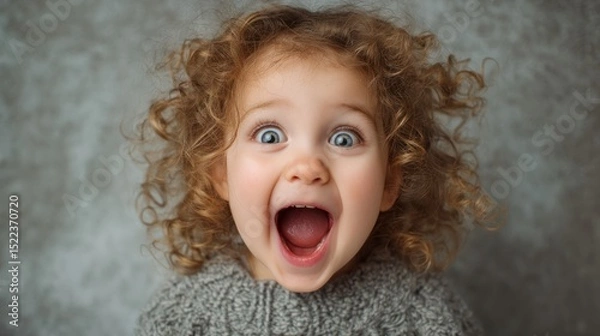 Fototapeta Pure Excitement - Child with wide, sparkling eyes and an open-mouthed smile, radiating joy and energy