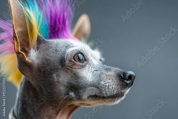 Fototapeta Close-up of small dog with colorful mohawk hairstyle and shaved fur, looking to the side against a neutral background