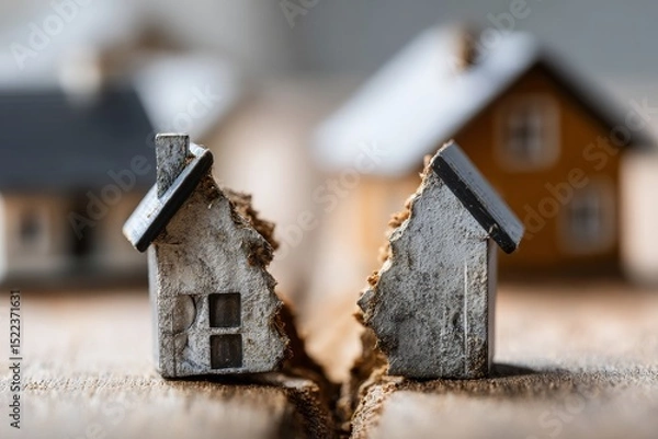 Fototapeta Broken miniature house model split in two on wooden surface symbolizing property division in divorce
