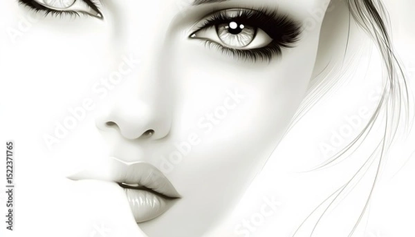 Fototapeta Close-up grayscale portrait of a woman's face.