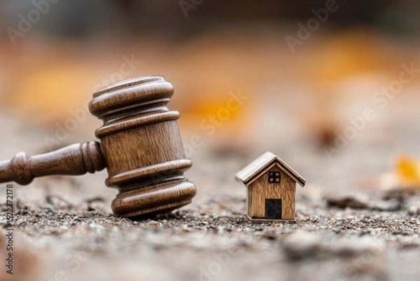 Fototapeta Wooden judge gavel beside miniature house on ground symbolizing property law, inheritance or real estate judgment