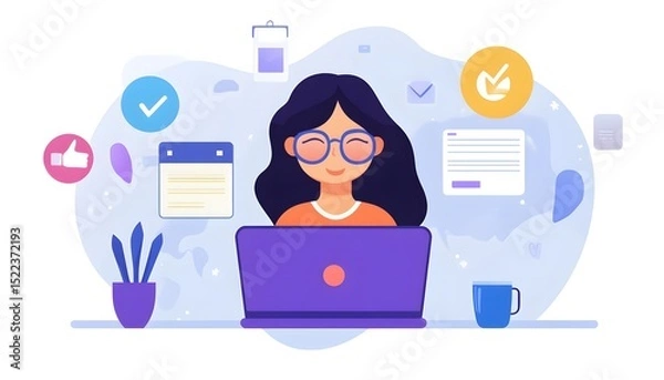 Fototapeta Woman working on a laptop, surrounded by digital tools.