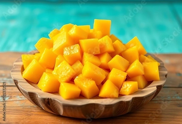 Fototapeta Close-up of vibrant mango chunks on rustic wooden tray, turquoise background,  healthy,   turquoise