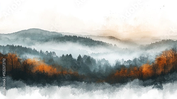 Fototapeta Serene misty mountain landscape with autumnal colors and foggy peaks sky art view.