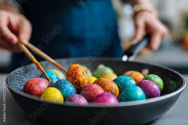 Fototapeta Woman holding frying pan with colorful speckled eggs using chopsticks, playful and creative cooking concept
