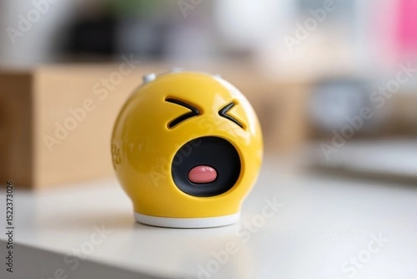 Fototapeta Cute yellow emoji-shaped alarm clock with a yawning face and sleepy expression on white surface
