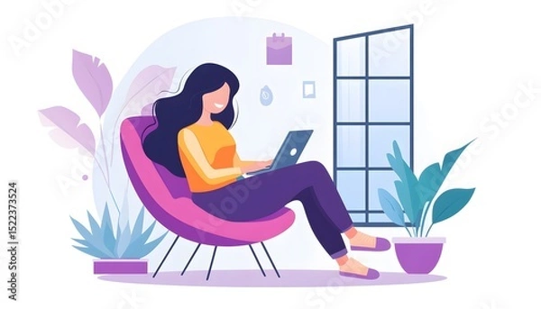 Obraz Woman working on laptop in a comfortable chair.