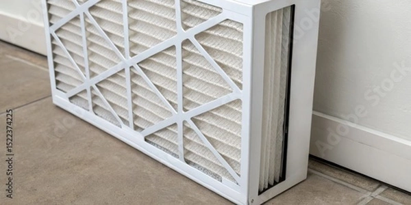 Obraz Furnace Filter and clean concept. Air conditioning filter resting on a tiled floor indoors.