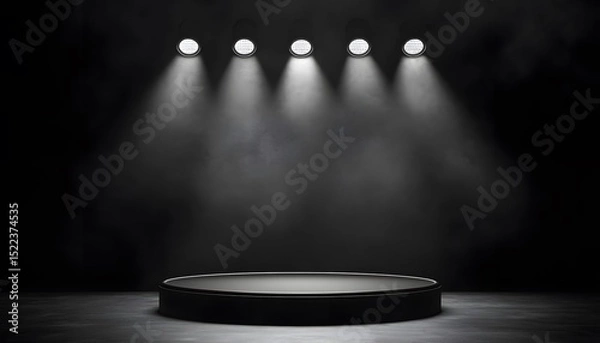 Fototapeta Dark stage with spotlights and circular podium.
