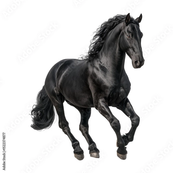 Fototapeta A majestic white horse galloping gracefully with a flowing mane against a dark white background scene