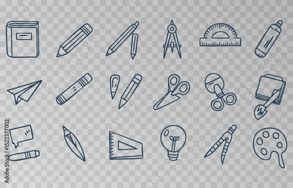 Fototapeta Hand-drawn school supplies icons png set on transparent background. Back to school doodle hand drawn elements, vector set. Vector illustration.