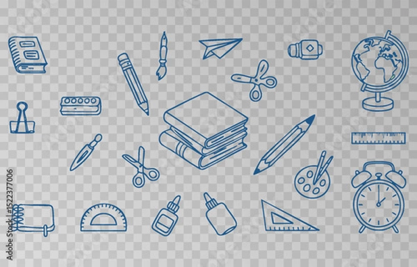 Fototapeta Hand-drawn school supplies icons png set on transparent background. Back to school doodle hand drawn elements, vector set. Vector illustration.