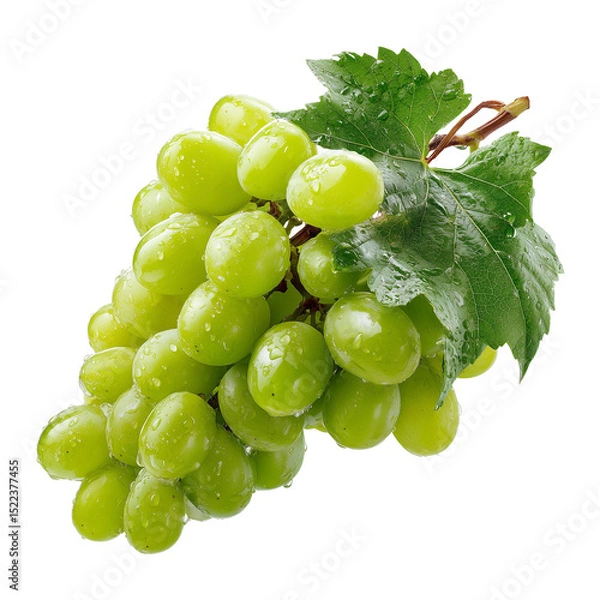 Fototapeta A bunch of green grapes with water droplets and leaves against a white background in close up view