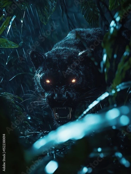 Fototapeta Glowing-Eyed Panther in the Jungle By Generated AI