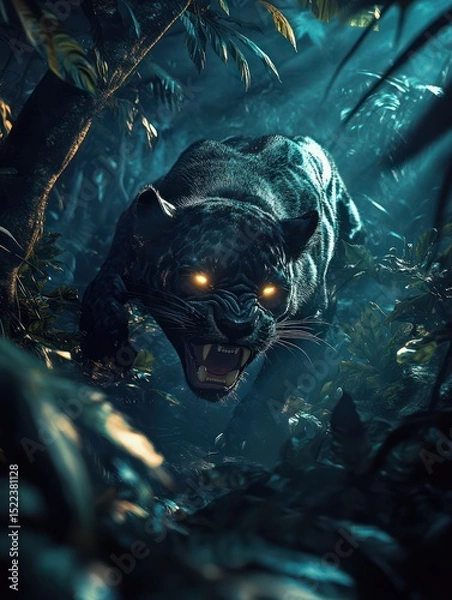 Fototapeta Glowing-Eyed Panther in the Jungle By Generated AI