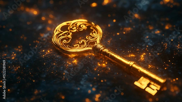Fototapeta Unlocking success golden key to opportunity and achievement vintage gold key with ornate design