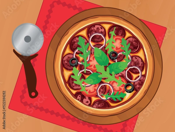 Fototapeta Salami pizza on a wooden platter top view vector illustration. Pepperoni pizza and cutter on a wooden table above view vector. Pizza with salami, olives, tomatoes and arugula on the table drawing