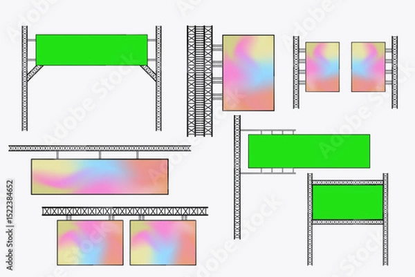 Fototapeta Collection of Hanging LED Screens Mockup cross the street for long realistic screen light box. Set of Illuminated technology long screens cross the road for advertising lightbox