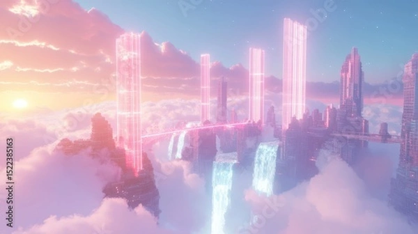 Fototapeta Floating Neon City By Generated AI