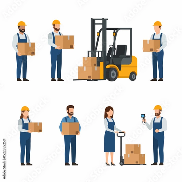 Obraz Warehouse workers forklift and package delivery concept