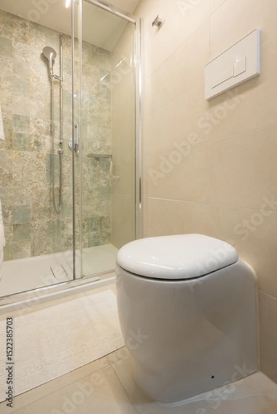 Fototapeta Detail of modern white toilet with shower cubicle in the background.