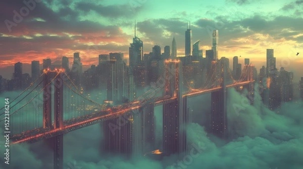 Fototapeta Floating Neon City By Generated AI