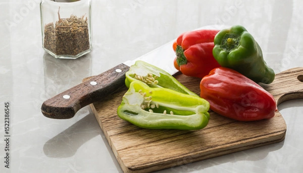 Fototapeta knife and green and red peppers on the cutting board