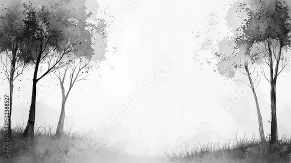 Fototapeta Minimalist ink forest landscape with trees and meadows in black and gray tones on white background