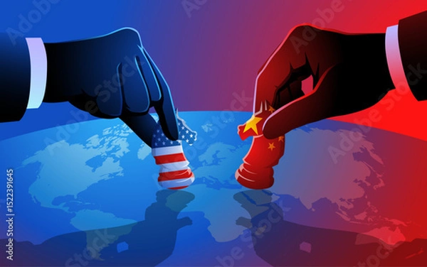 Obraz Vector illustration of a chess game between the United States and China played over a world map, symbolizing their strategic moves and competition for global influence
