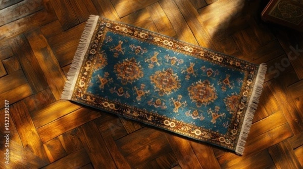 Fototapeta Small patterned rug on wooden floor, sunlight